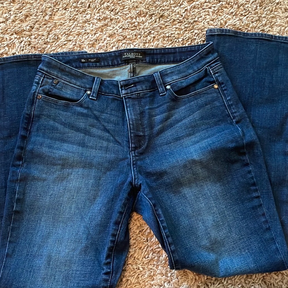 Talbots Petites medium-dark jeans with fading. Size 10P, hemmed to ~ 28.5-29in.